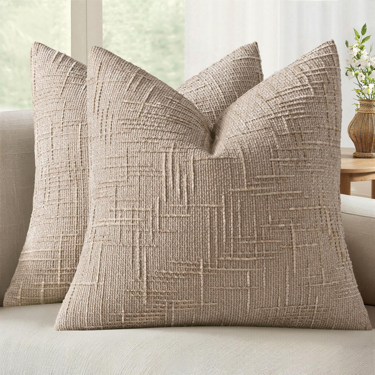 MIULEE Chenille Textured Throw Pillow Covers Cream White 18x18 Set of 2