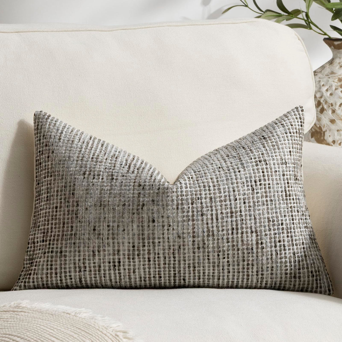 Pack of 2 Neutral Throw Pillow Covers 18x18 Boho Textured Dots Stripe Chenille Square Decorative Pillow Cases Accents for Living Room Couch Bed Farmhouse Home Decor, Taupe