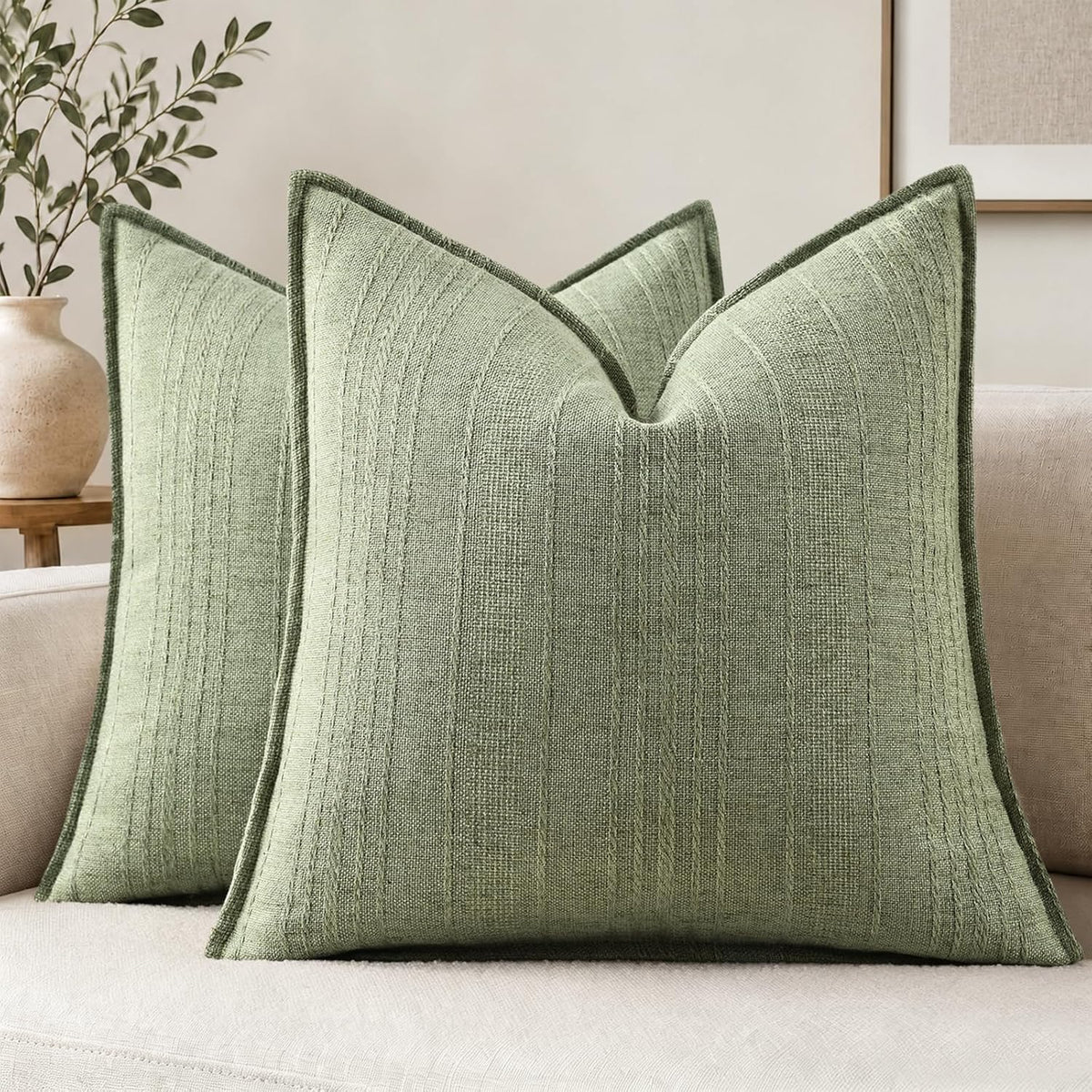 decorUhome Sage Green Textured Linen Throw Pillow Covers 18x18 Set of 2