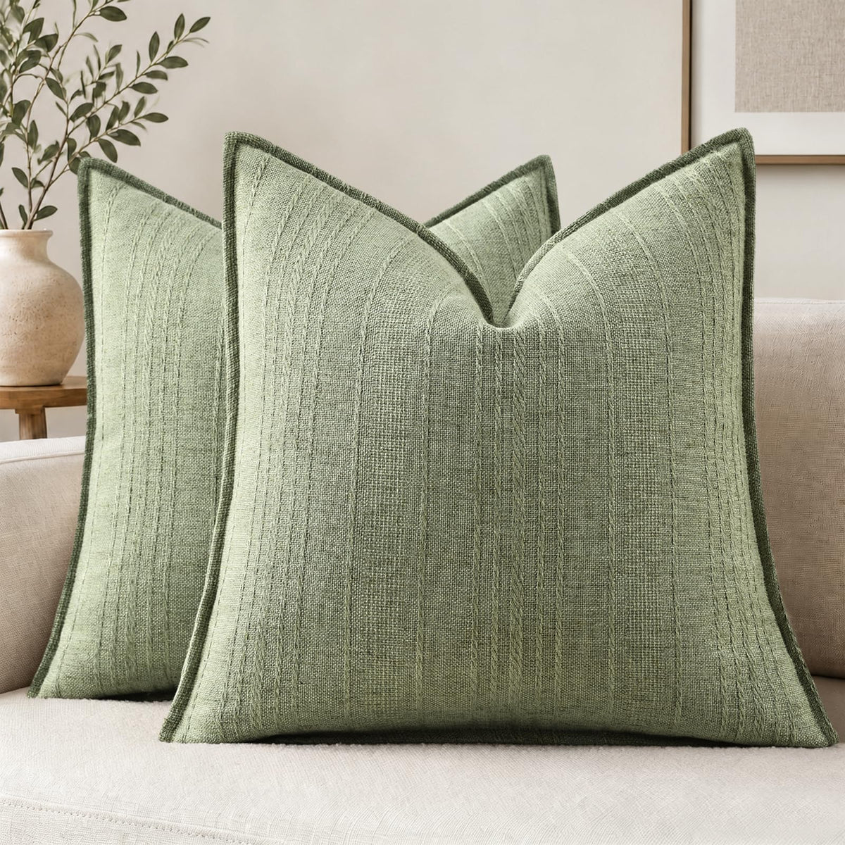 decorUhome Sage Green Textured Linen Throw Pillow Covers 18x18 Set of 2
