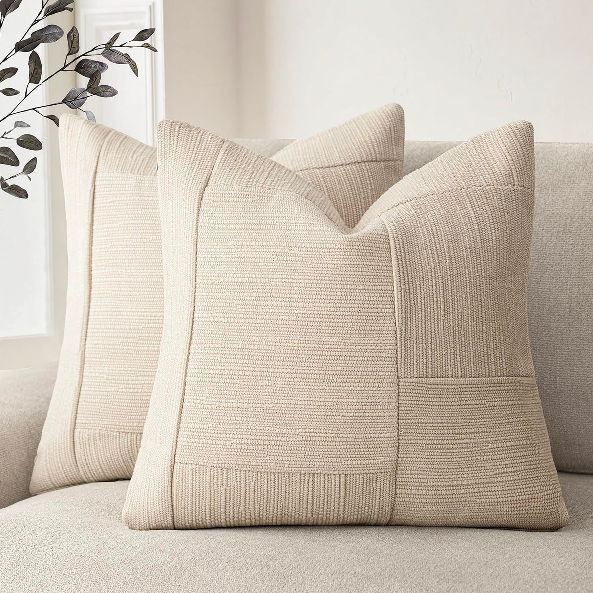 Foindtower Set of 2 Decorative Patchwork Chenille Throw Pillow Covers Textured Modern Vintage Cushion Cover Neutral Boho Accent Home Decor for Sofa Chair Couch Bed Living Room,20×20 Inch,Taupe Gray