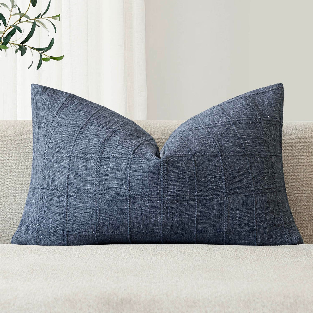 Foindtower Set of 1 Decorative Linen Check Throw Pillow Cover Neutral Farmhouse Lumbar Cushion Cover Modern Boho Home Decor for Sofa Chair Couch Bedroom Living Room,12×20 Inch,Olive Green