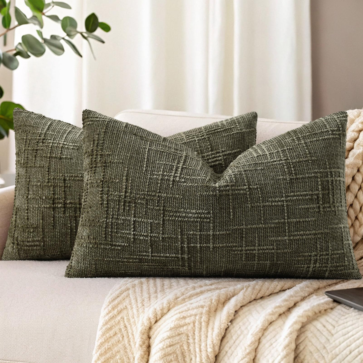 decorUhome Textured Chenille Throw Pillow Covers 18x18 Set of 2 Ivory