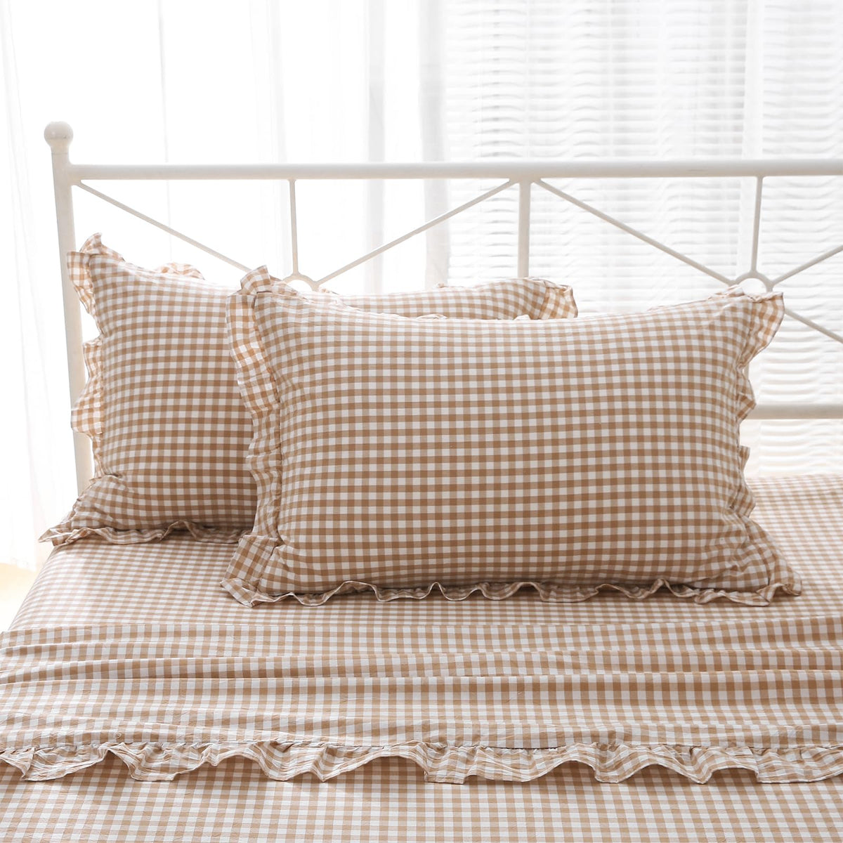 2 Pack Taupe White Gingham Ruffle Throw Pillow Covers 18''x18''