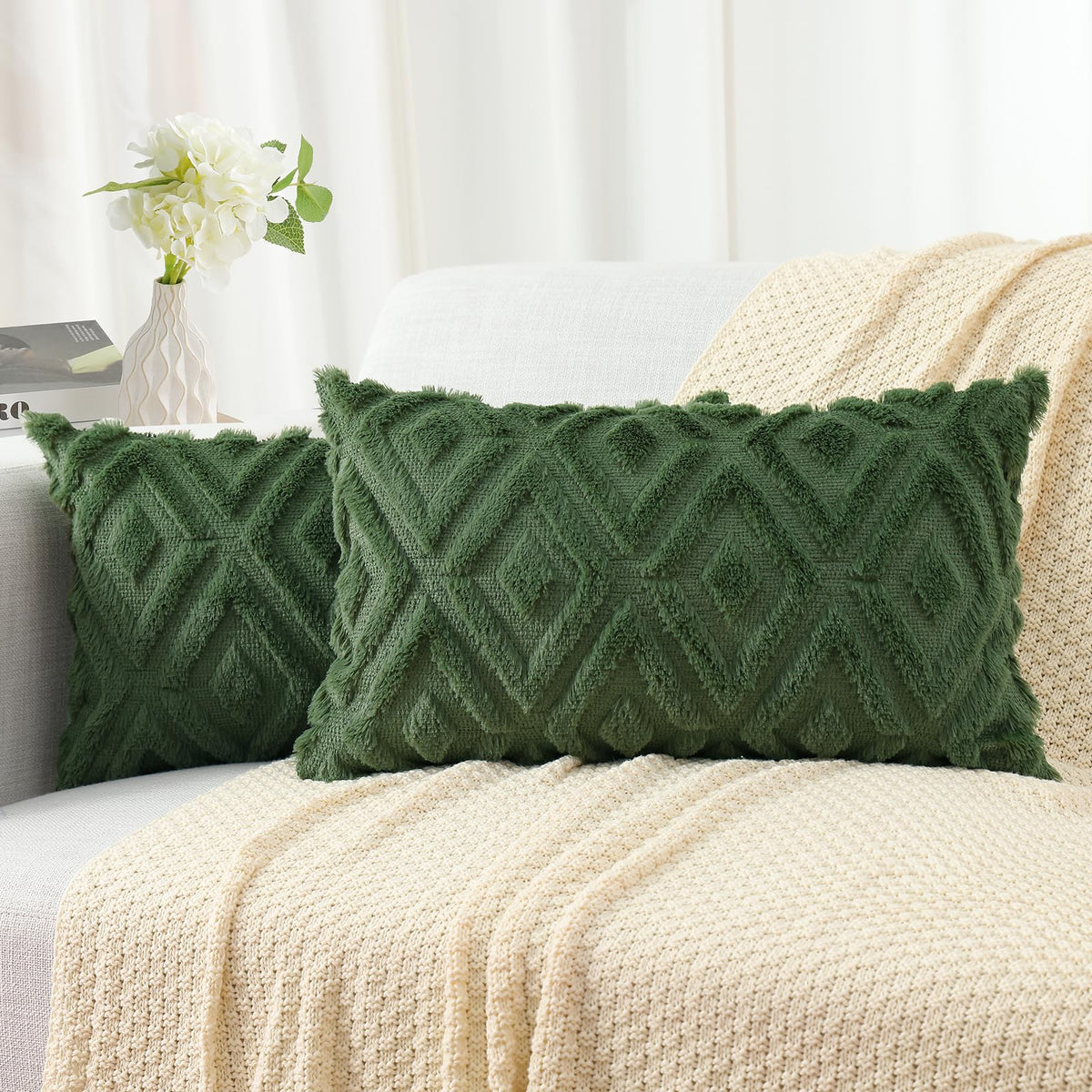 Pallene Fall Cream White Faux Fur Throw Pillow Covers 18x18 Set of 2