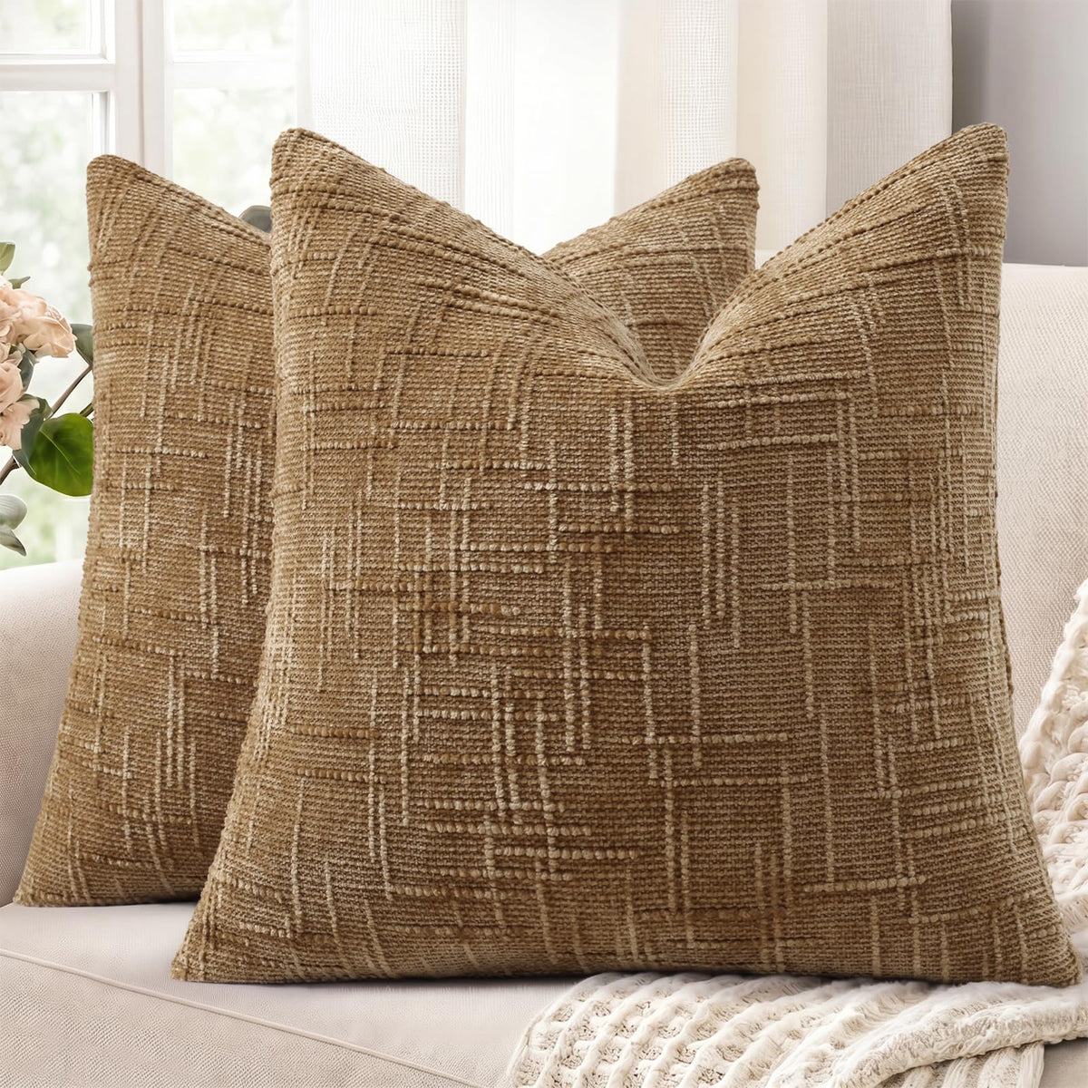 decorUhome Textured Chenille Throw Pillow Covers 18x18 Set of 2 Ivory