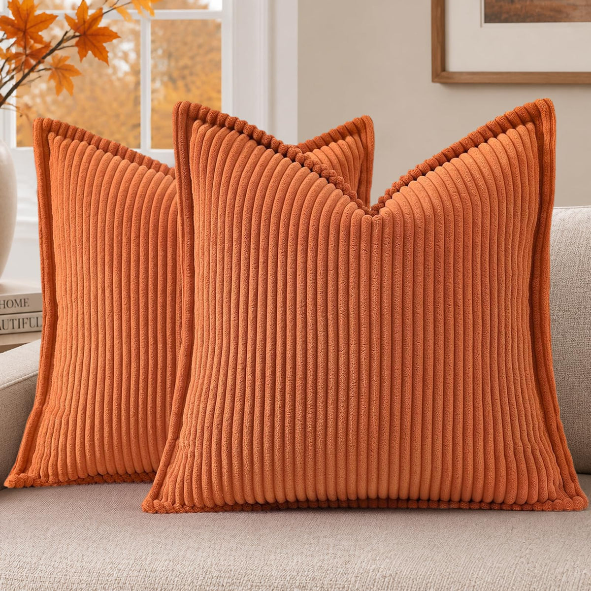 Mecatny Corduroy Fall Throw Pillow Covers 18x18 Set of 2 Cream White