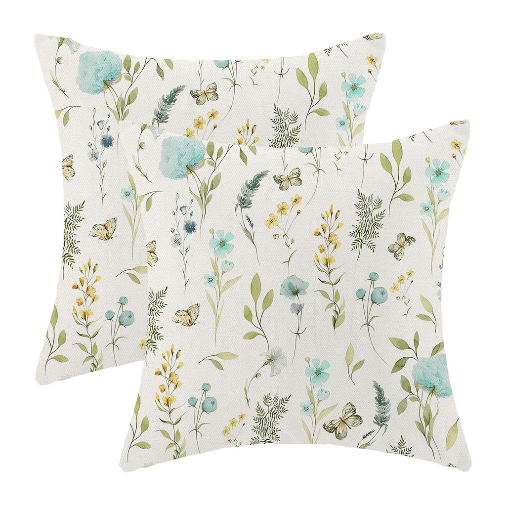 AEIOAE Spring Pillow Covers 18x18 Inch Set of 2,Blue Teal Wild Flower Plant Throw Pillows Case,Seasonal Floral Outdoor Decorative Square Linen Farmhouse Decor Cushion Covers for Home Sofa Bed Couch