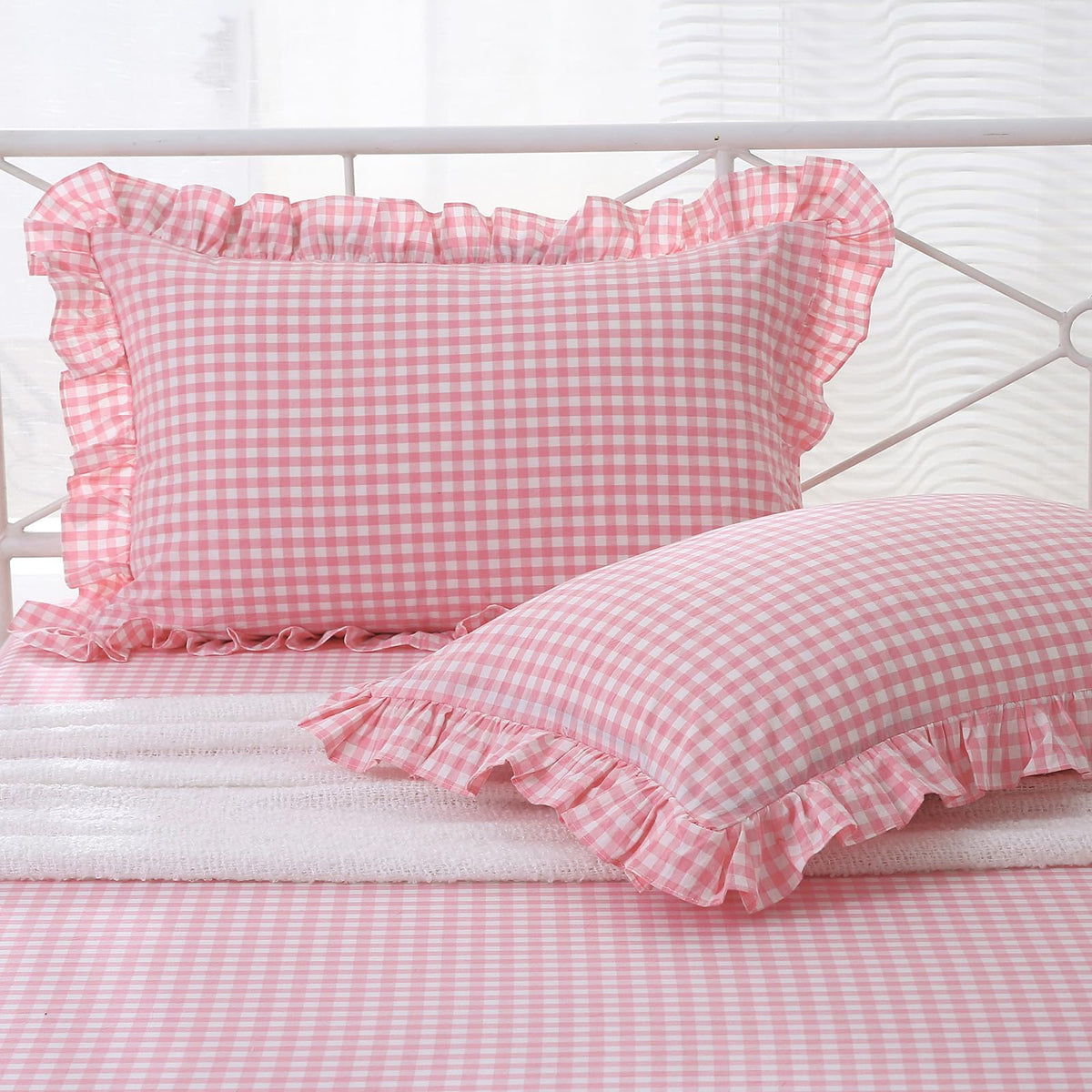 2 Pack Taupe White Gingham Ruffle Throw Pillow Covers 18''x18''