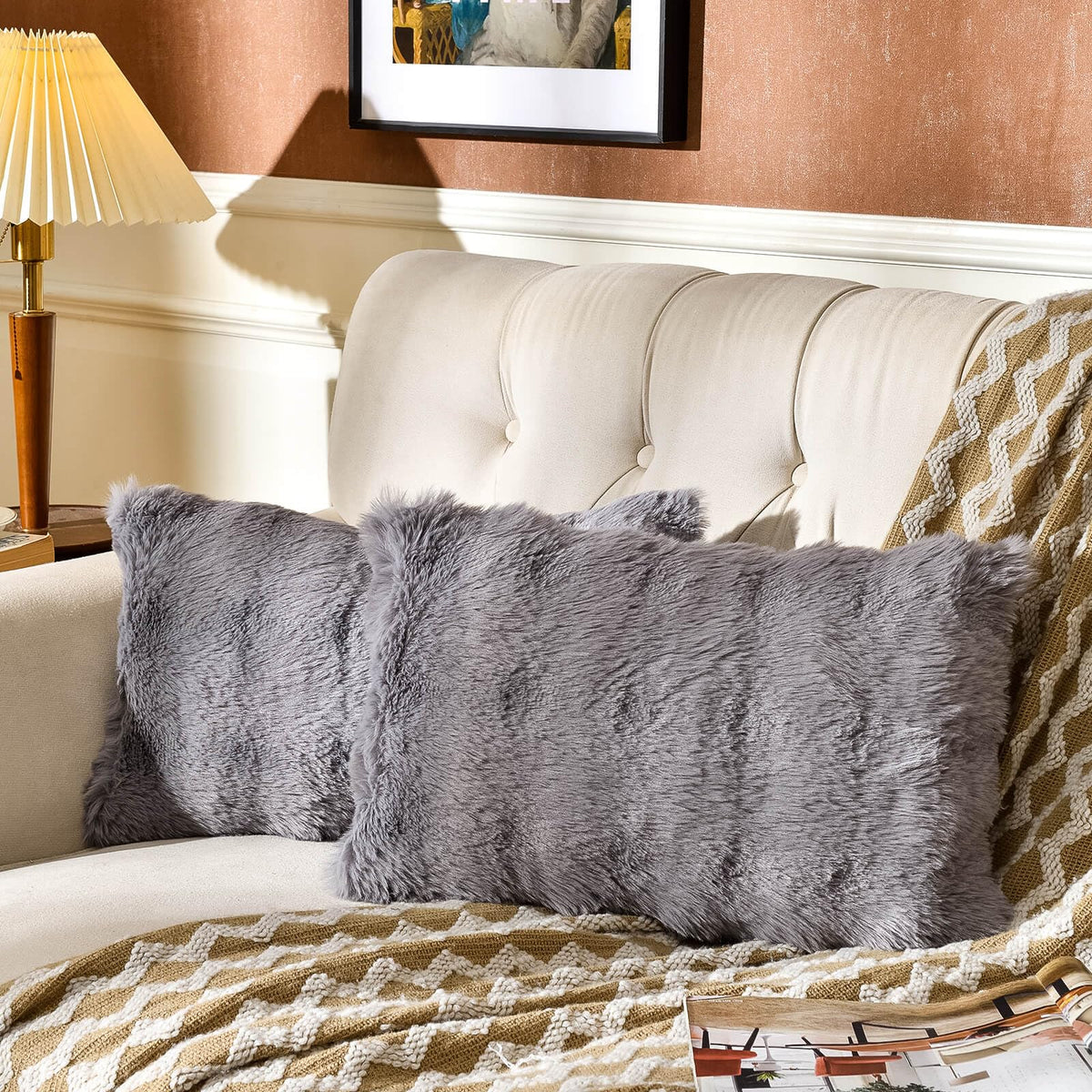 AmHoo Pack of 2 Throw Pillow Covers 3D Dense Faux Rabbit Fur Cozy Super Soft Fuzzy Set Case Cushion for Couch Sofa Bedroom 18 x 18-Inch Cream White