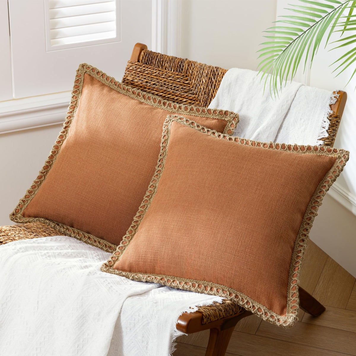 Phantoscope Pack of 2 Coastal Aqua Pillow Covers 18x18, Textured Polyester with Rope Trim, Fade Resistant Vintage Turquoise Blue Decorative Cushion Cases, Hidden Zipper, Farmhouse Boho Beach Decor