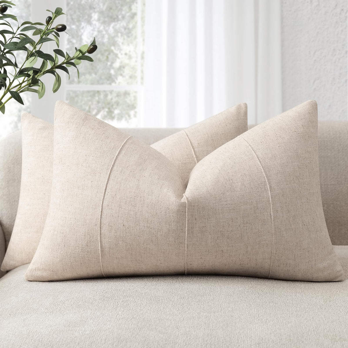 Decorative Linen Throw Pillow Covers 18x18 Set of 2 Solid handcrafted Striped Cushion Covers for Bed Soft Modern Farmhouse Neutral Pillowcase for Couch Bedroom Living Room Home Decor(Cream White)