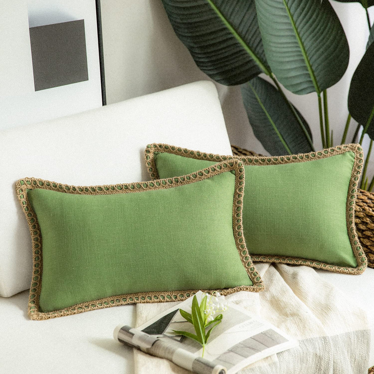 Phantoscope Pack of 2 Coastal Aqua Pillow Covers 18x18, Textured Polyester with Rope Trim, Fade Resistant Vintage Turquoise Blue Decorative Cushion Cases, Hidden Zipper, Farmhouse Boho Beach Decor