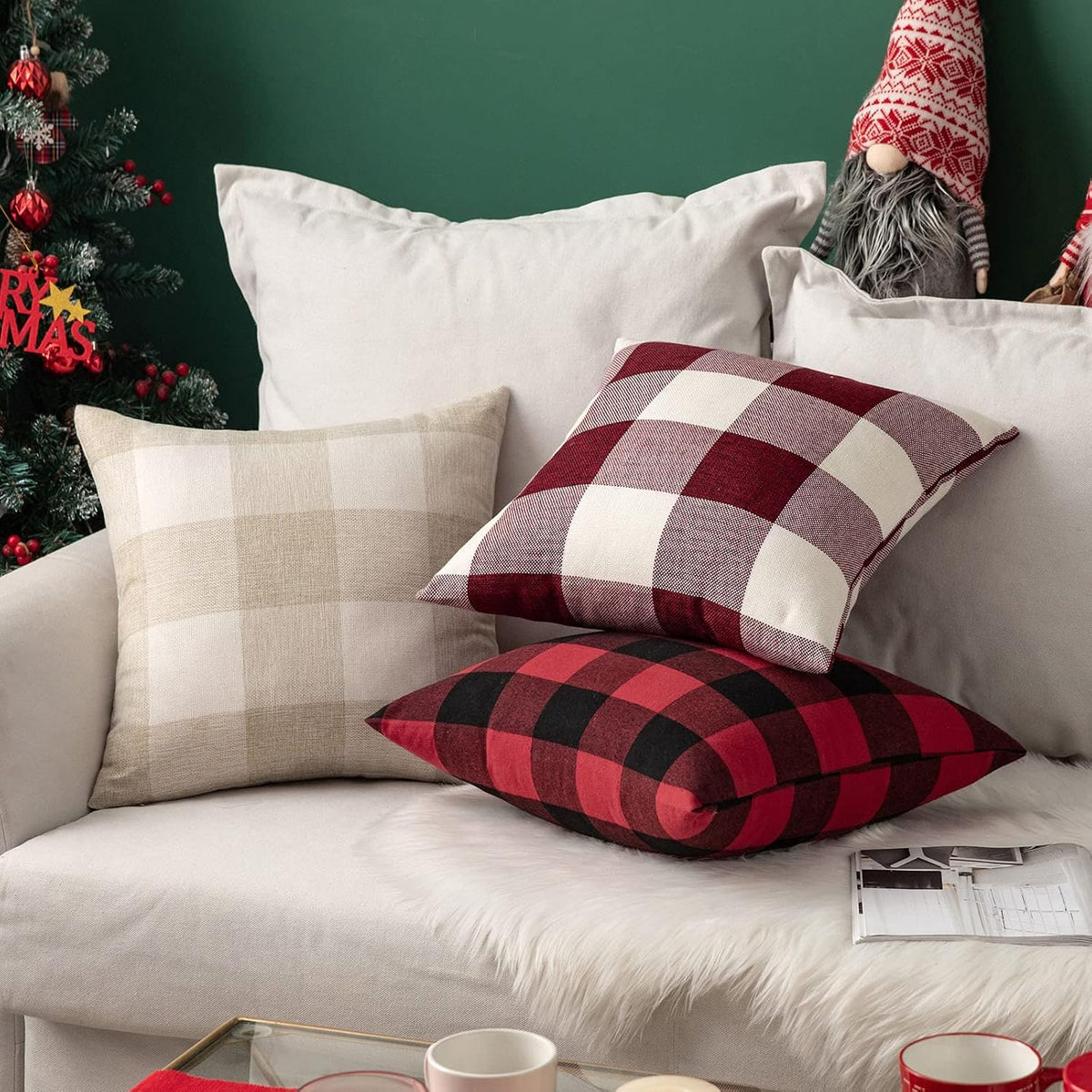 MIULEE Christmas Plaid Pillow Covers 18x18 White and Red Pack of 2