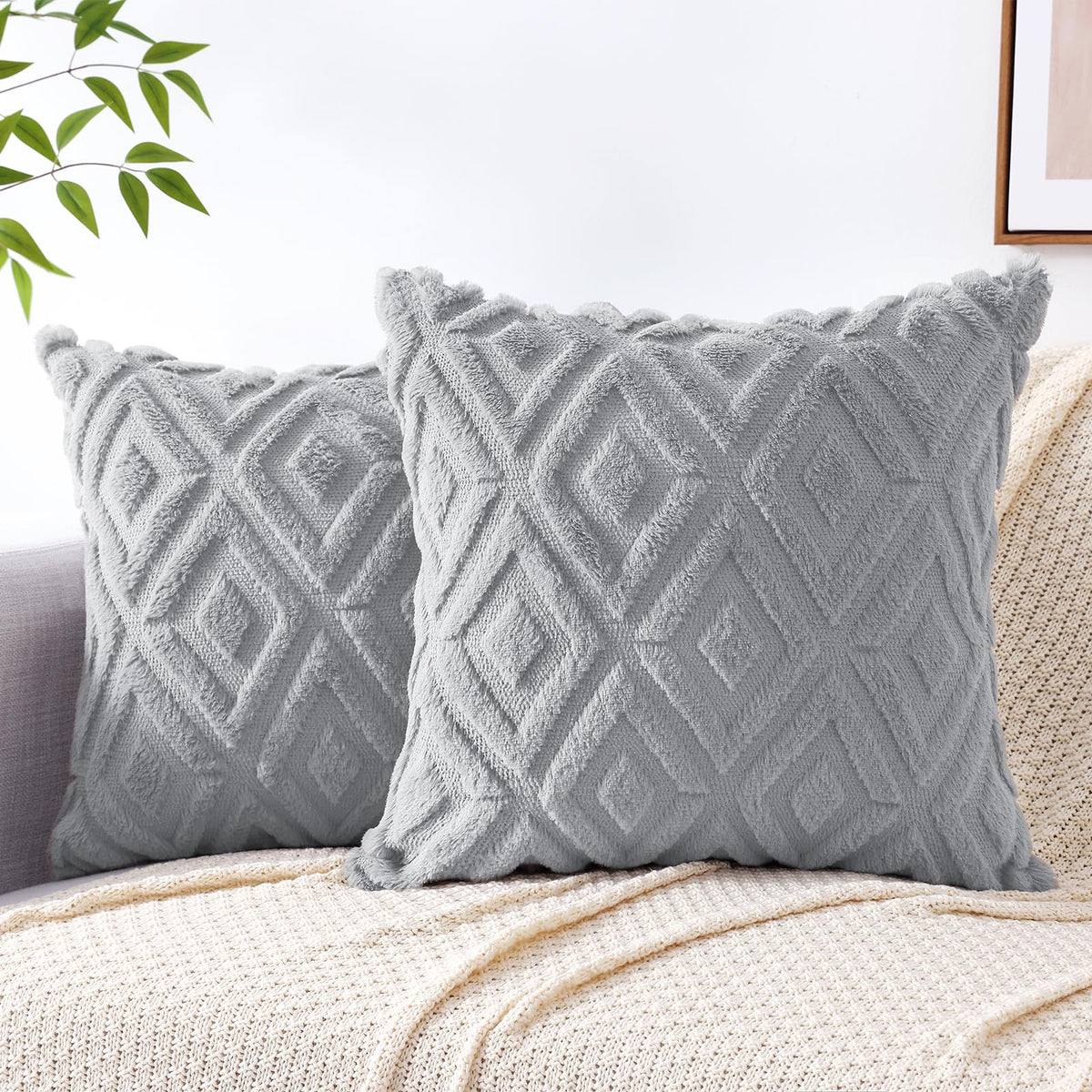 Pallene Fall Cream White Faux Fur Throw Pillow Covers 18x18 Set of 2