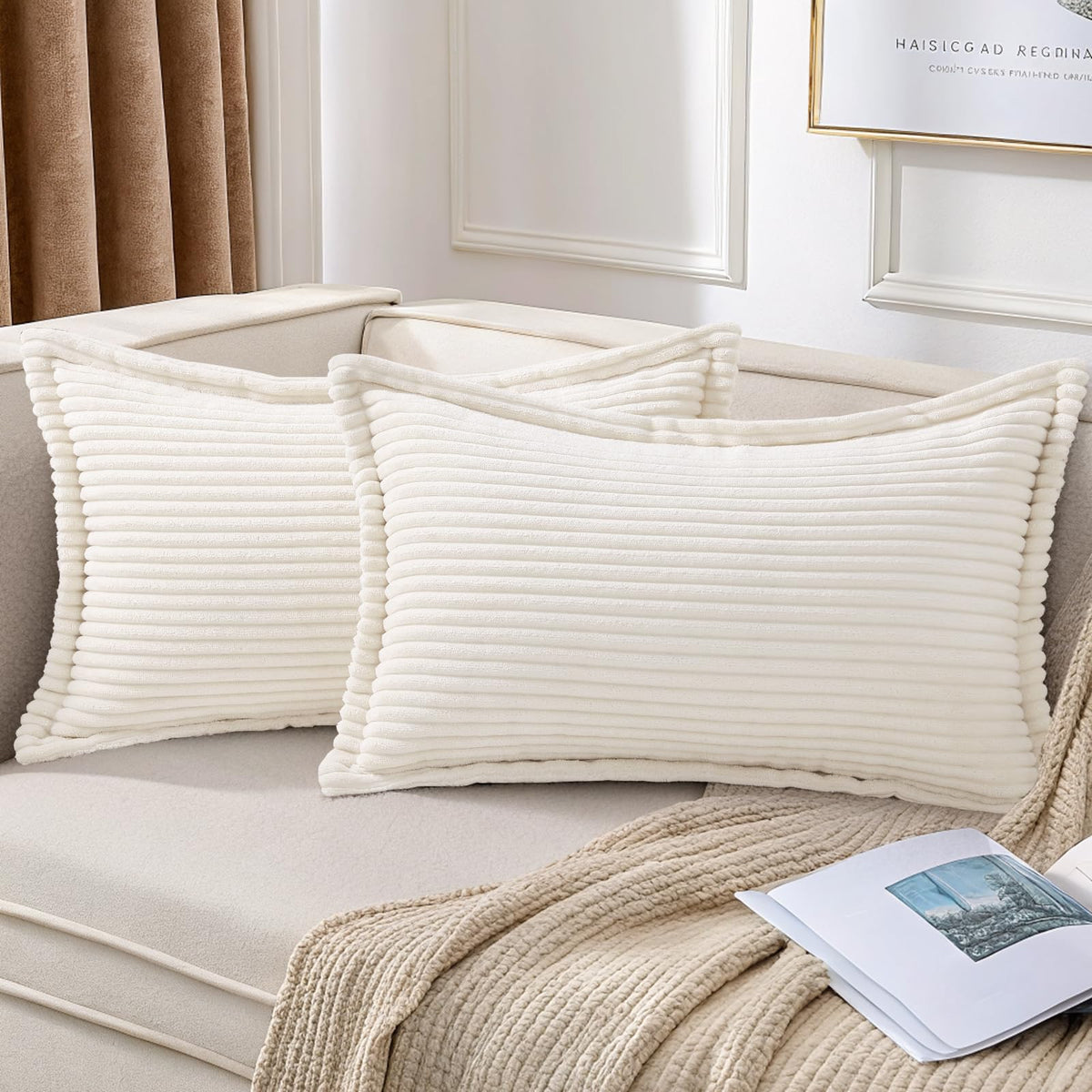 Mecatny Corduroy Fall Throw Pillow Covers 18x18 Set of 2 Cream White