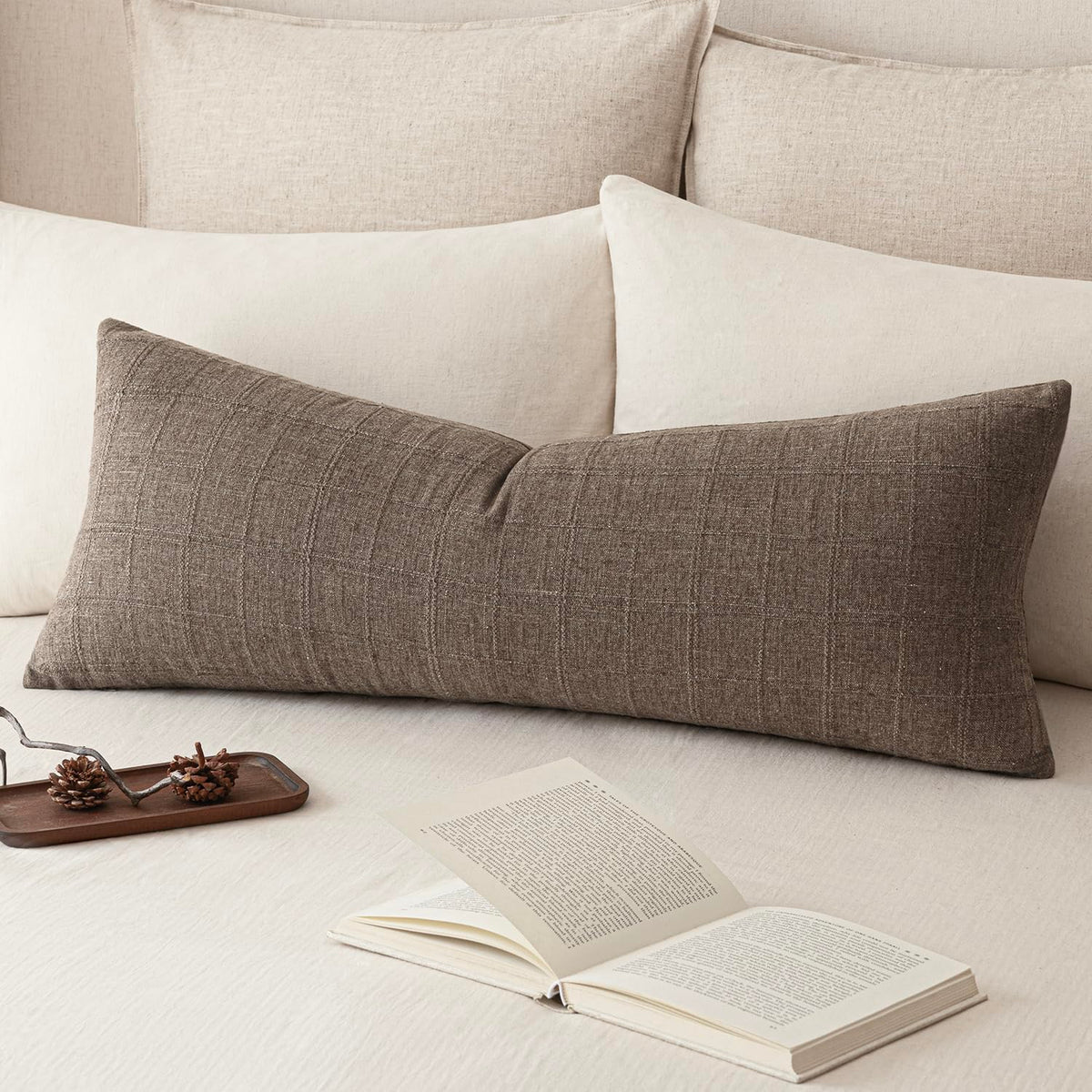 Foindtower Set of 1 Decorative Linen Check Throw Pillow Cover Neutral Farmhouse Lumbar Cushion Cover Modern Boho Home Decor for Sofa Chair Couch Bedroom Living Room,12×20 Inch,Olive Green