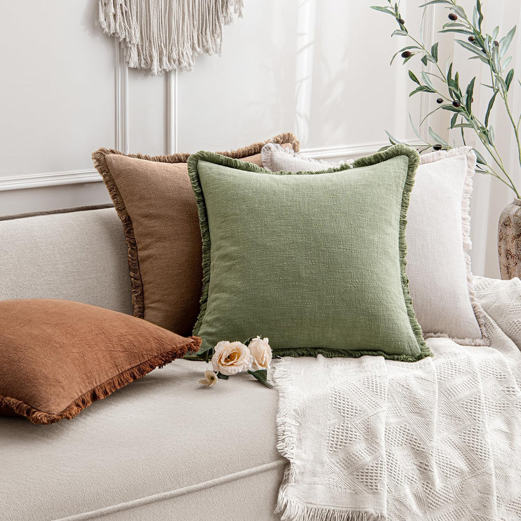 ANRODUO Decorative Linen Fringe Pillow Covers 18×18 Inch Sage Green 2 Pack
