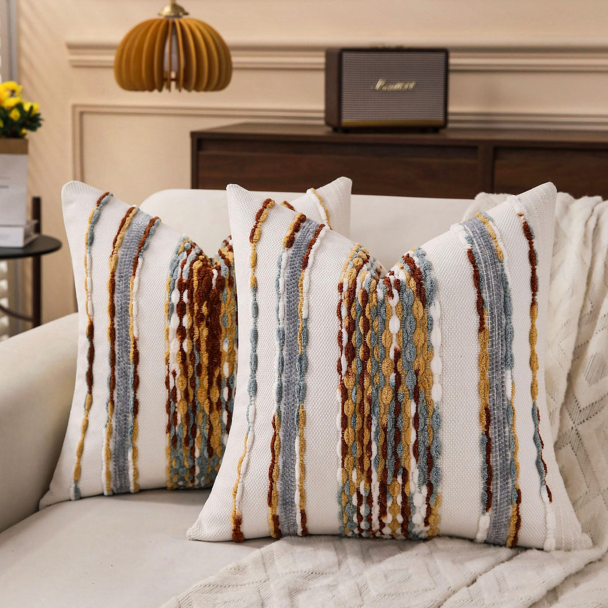 Boho Striped Throw Pillow Covers 18x18 Inch Set of 2 Farmhouse Square Decorative Pillow Covers Chenille Tufted Accent Neutral Pillowcase Grey Blue Cushion Cover for Living Room Couch Sofa Bed