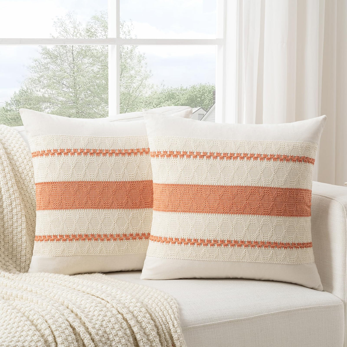 Fancy Homi Set of 2 Boho Olive Green Decorative Throw Pillow Cover 18x18 Inch for Couch Bed Sofa, Aesthetic Modern Organic Farmhouse Home Decor, Soft Cotton Cute Accent Macrame Woven Cushion Case