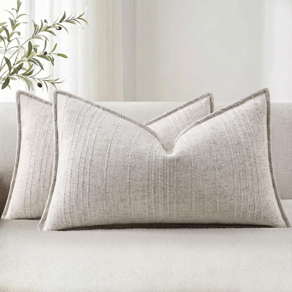 decorUhome Sage Green Textured Linen Throw Pillow Covers 18x18 Set of 2