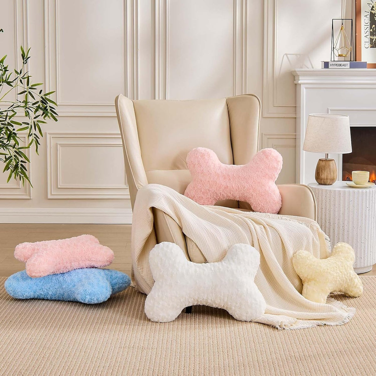 Bone Pillow Cute Bone Shaped Decorative Throw Pillows Aesthetic Home Decor Pillow Pet Pillow Plush Cushion for Bed (Cream, 15 Inch)