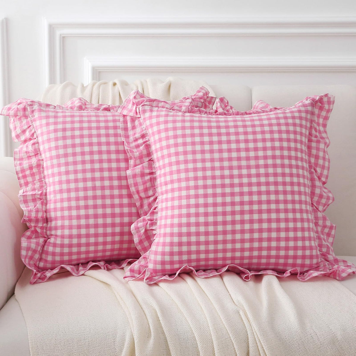 2 Pack Taupe White Gingham Ruffle Throw Pillow Covers 18''x18''