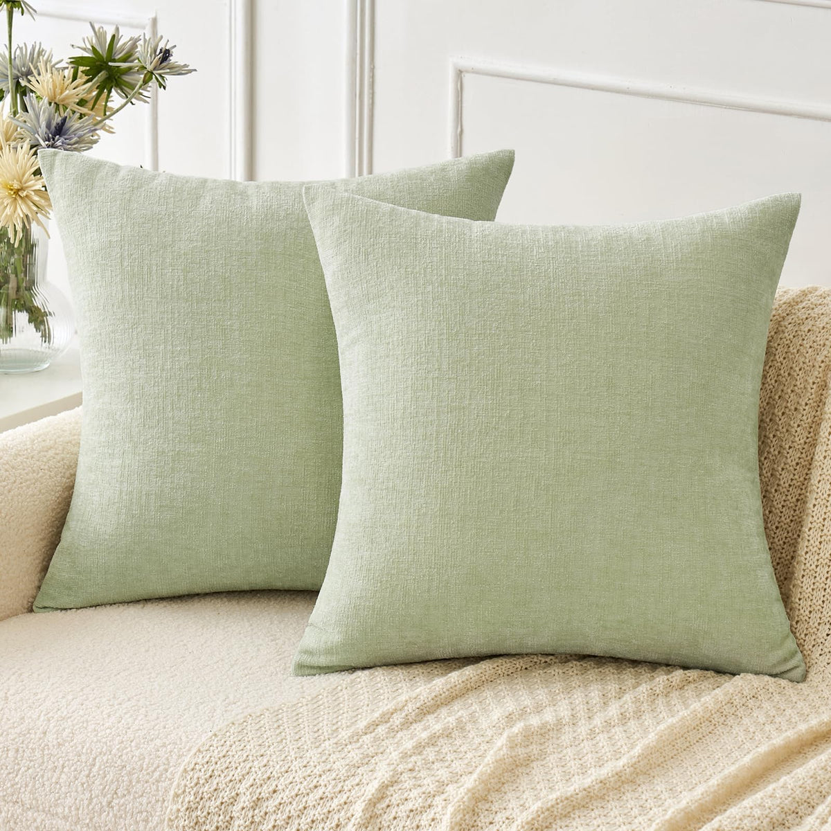 MIULEE Soft Chenille Throw Pillow Covers Green 18x18 Inch Pack of 2