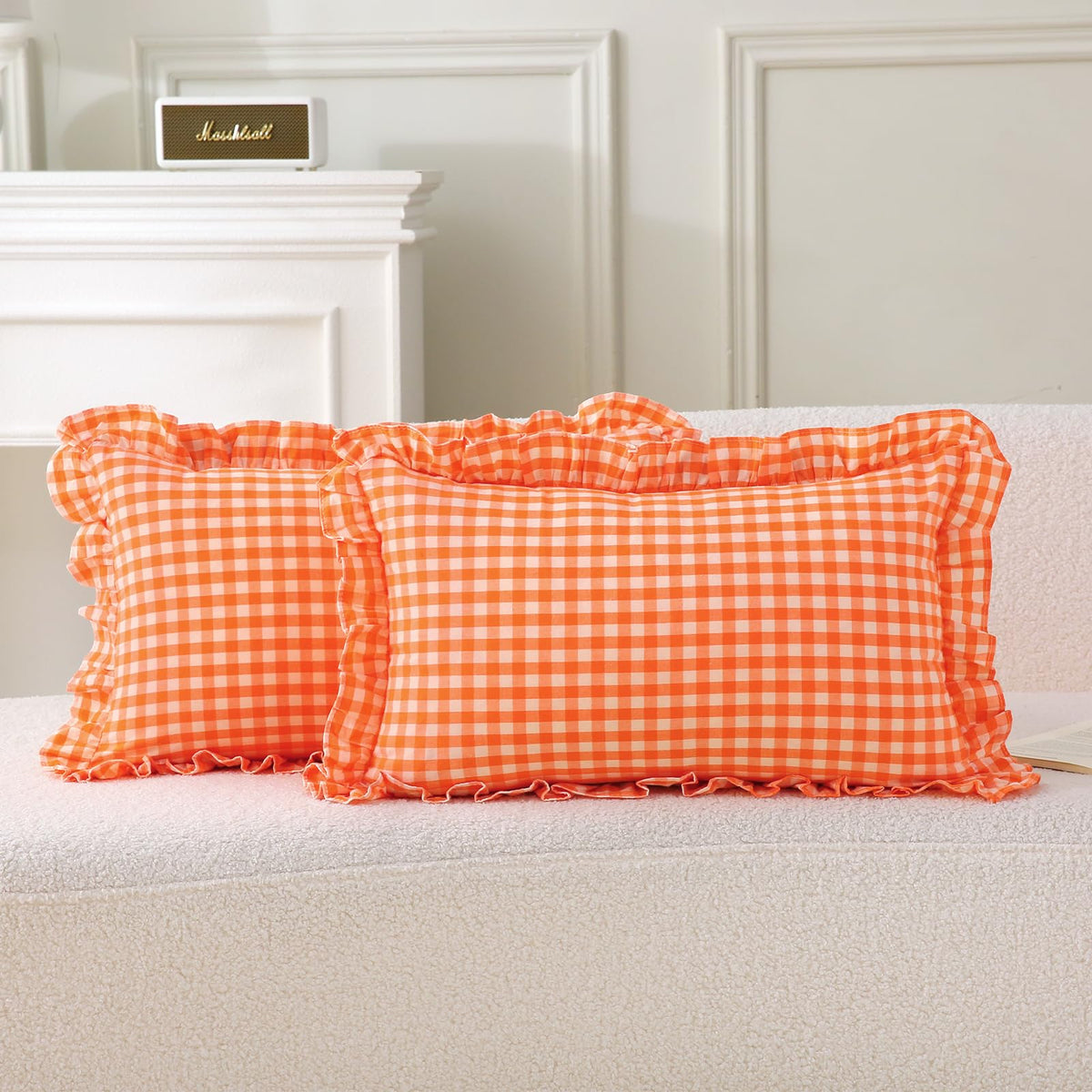 2 Pack Taupe White Gingham Ruffle Throw Pillow Covers 18''x18''