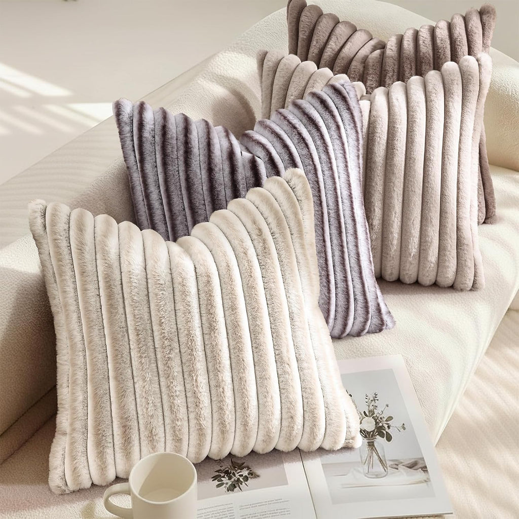 decorUhome Fall Faux Fur Throw Pillow Covers 18x18 Set of 2 Brown White