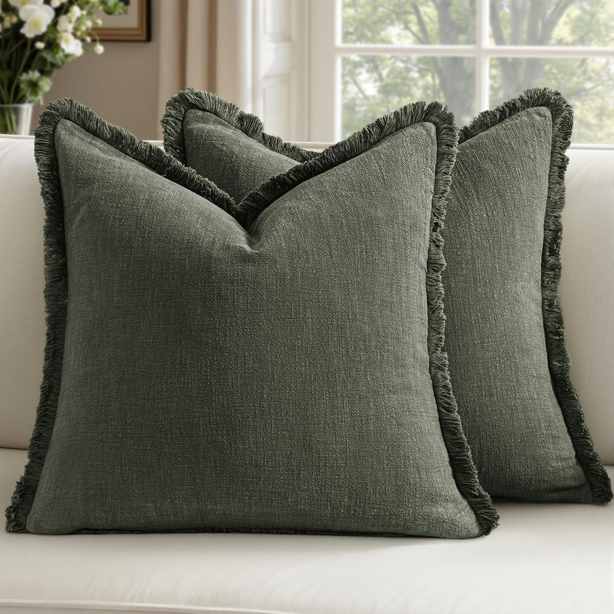 Linen Fringe Throw Pillow Covers 20x20 Inch Set of 2,Navy Blue