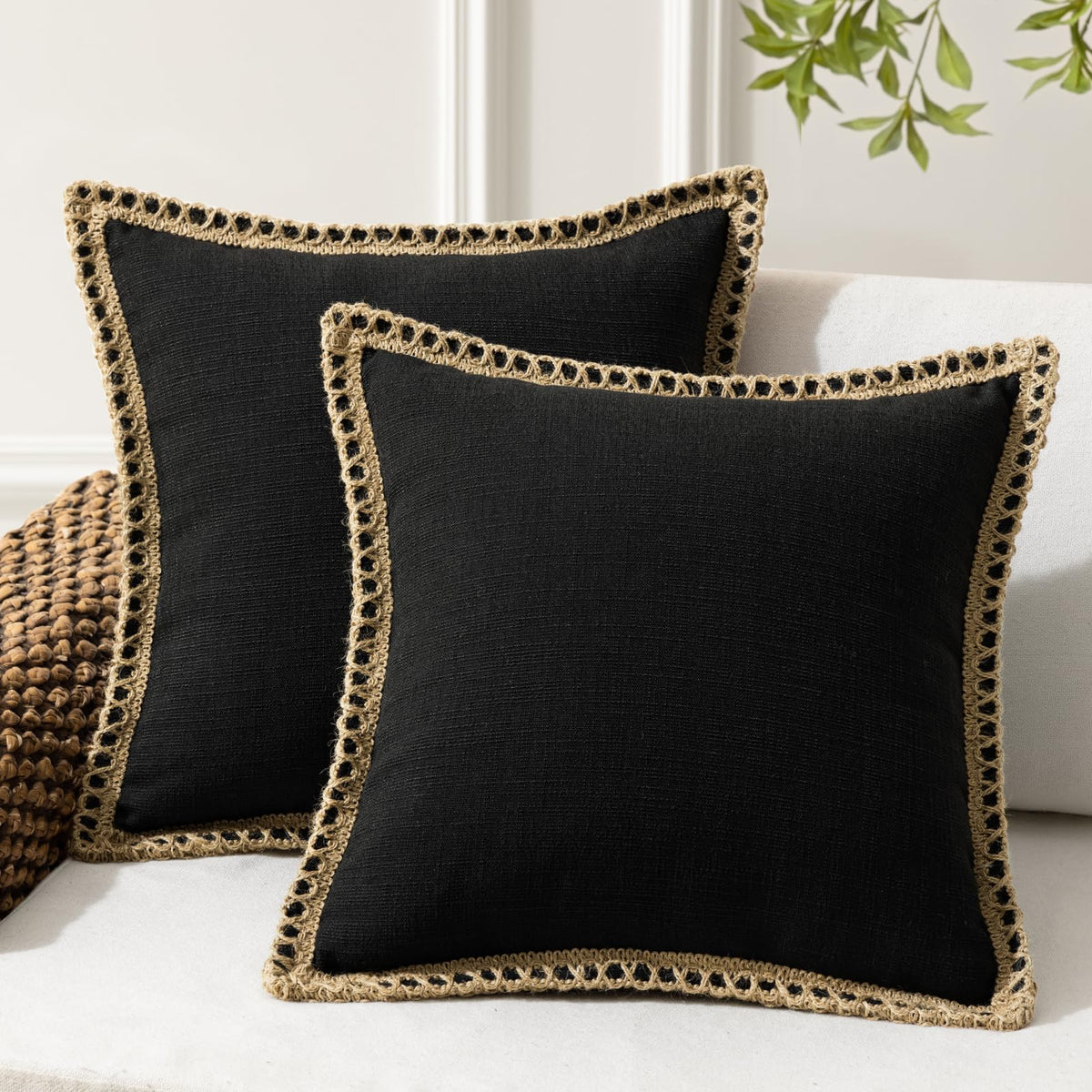 Phantoscope Pack of 2 Coastal Aqua Pillow Covers 18x18, Textured Polyester with Rope Trim, Fade Resistant Vintage Turquoise Blue Decorative Cushion Cases, Hidden Zipper, Farmhouse Boho Beach Decor