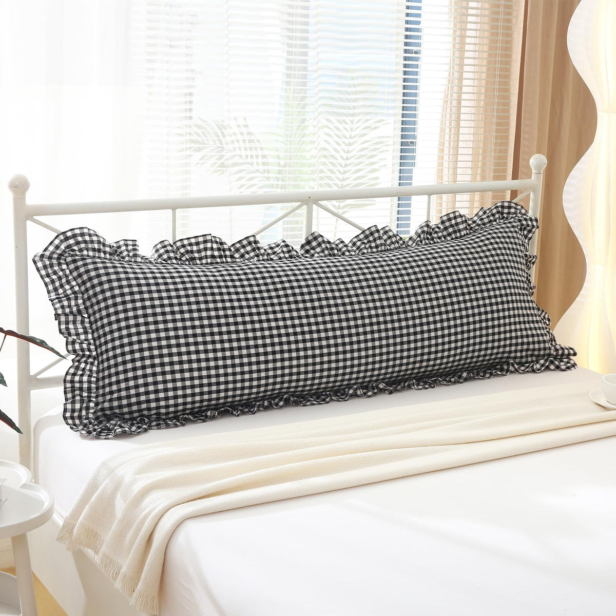 2 Pack Taupe White Gingham Ruffle Throw Pillow Covers 18''x18''