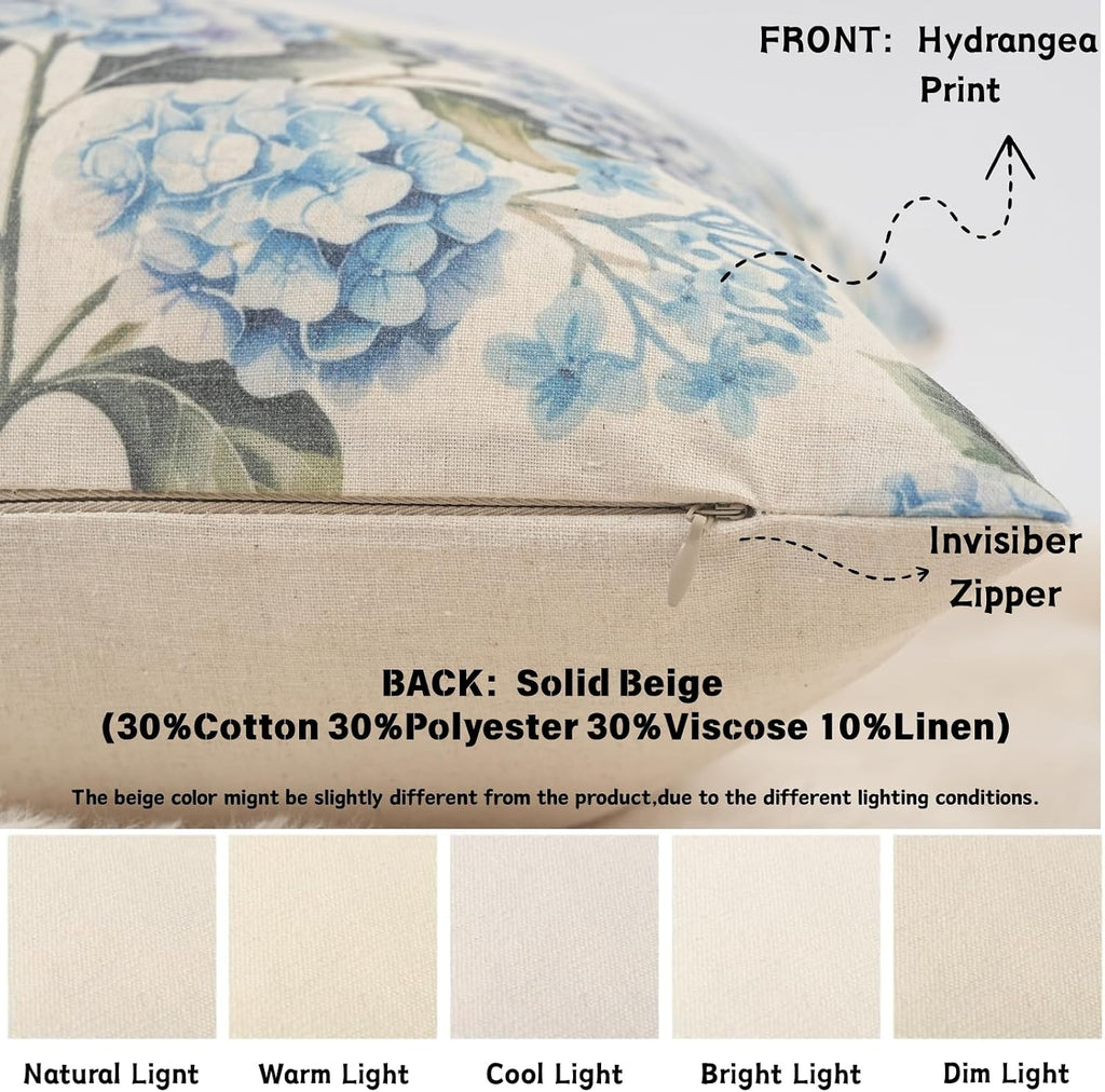GEEORY Hydrangea Floral Throw Pillow Covers Set of 2, 18x18, Blue