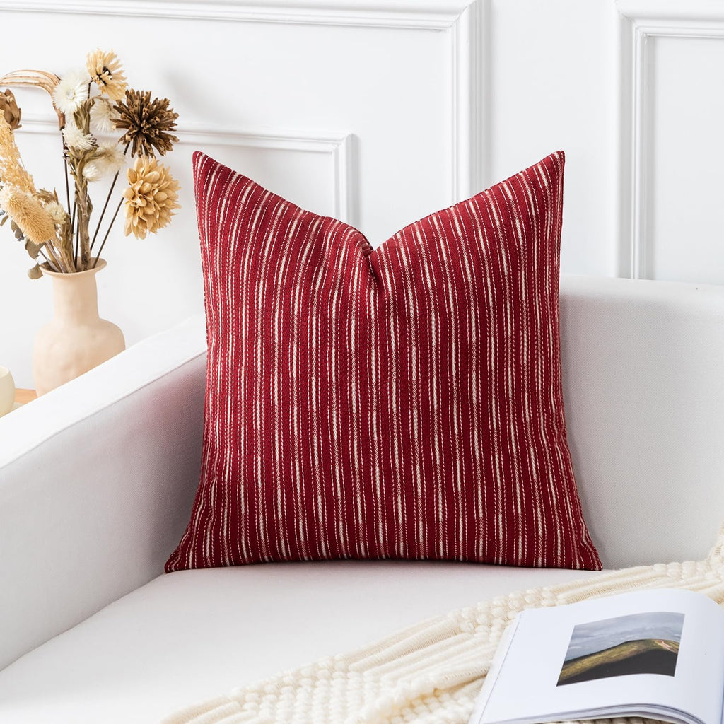 Kevin Textile Valentines Farmhouse Decorative Throw Pillow Covers Boho Woven Texture Burlap Linen Cushion Cover Striped Pillowcase, Wine Red 18 x 18 inches Pack of 2