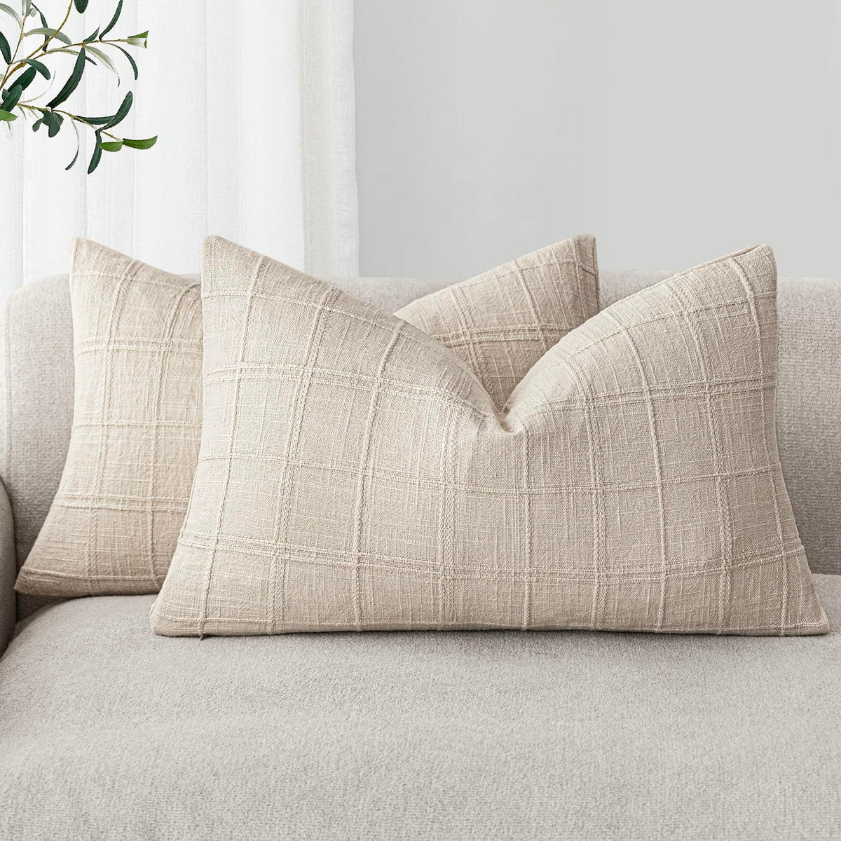 Foindtower Linen Check Decorative Throw Pillow Covers 18×18 Natural Beige