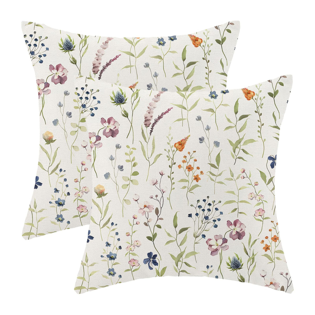 AEIOAE Spring Pillow Covers 18x18 Inch Set of 2,Blue Teal Wild Flower Plant Throw Pillows Case,Seasonal Floral Outdoor Decorative Square Linen Farmhouse Decor Cushion Covers for Home Sofa Bed Couch