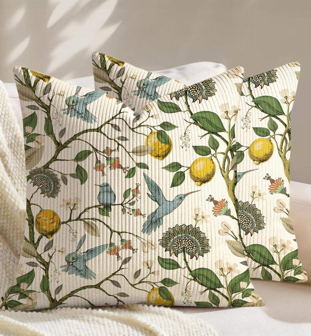 Corduroy Throw Pillow Covers 18x18 - Set of 2 Decorative Spring Pillow Covers with Zipper Farmhouse Decor Cottage Throw Pillowcases for Couch Sofa Living Room Home Bedroom, PK Floral
