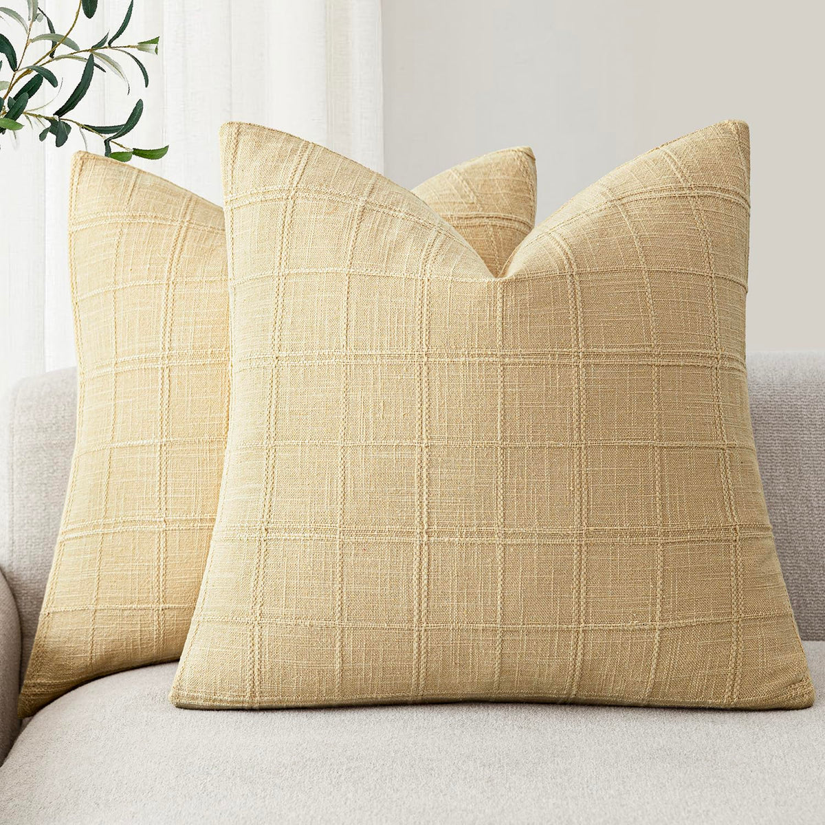 Foindtower Linen Check Decorative Throw Pillow Covers 18×18 Natural Beige