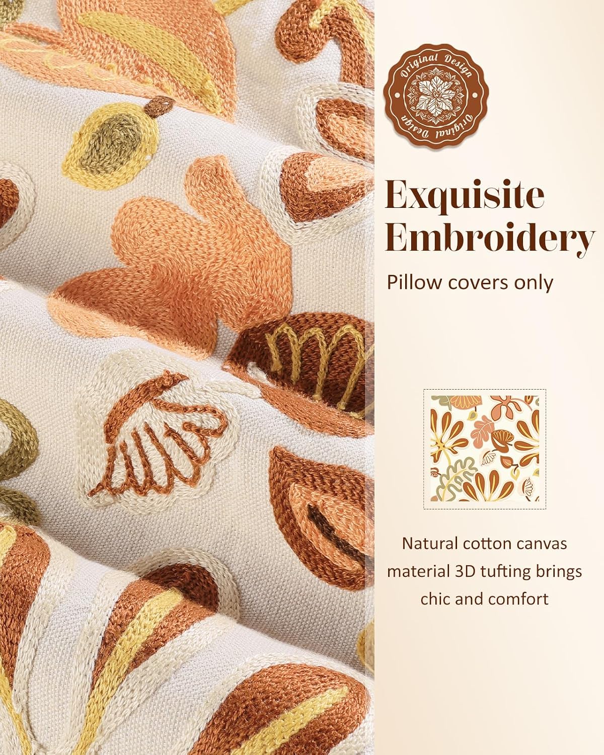Embroidered Throw Pillow Cover, 18x18 Inch, Fall Abstract Floral