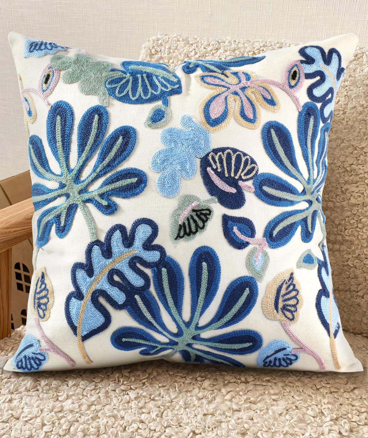 Embroidered Throw Pillow Cover, 18x18 Inch, Fall Abstract Floral
