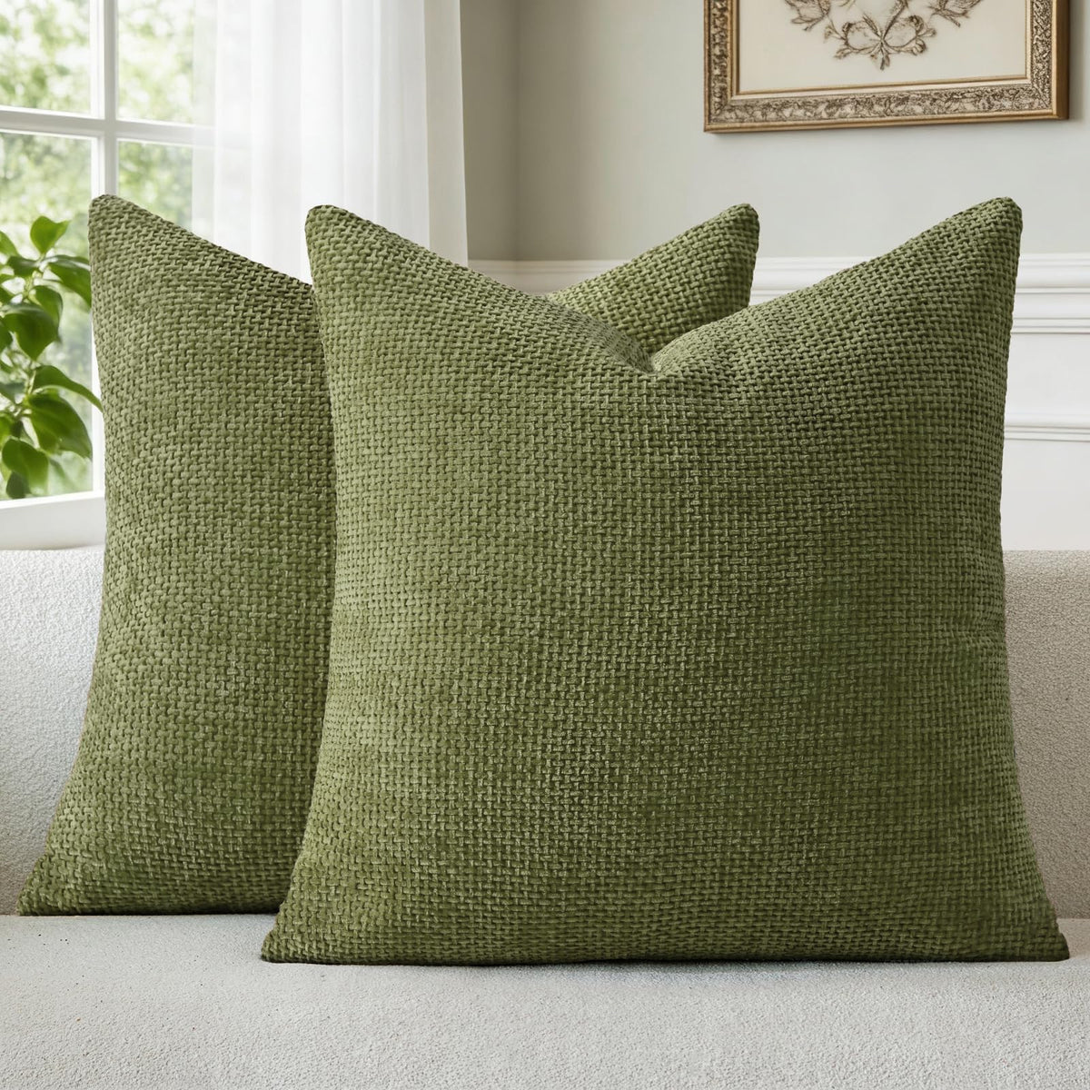 a moment Light Green Chenille Throw Pillow Covers 20x20 Inch Pack of 2 Modern Decorative Throw Pillow Covers Farmhouse Cross Covers Home Decor for Sofa Bedroom Living Room Spring