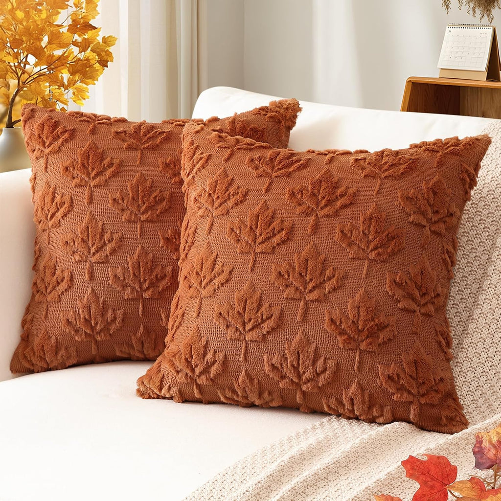 Artscope Maple Leaf Fall Pillow Covers 18 x 18 Set of 2 Decorative Autumn Harvest Holiday Throw Pillow Cases Soft Plush Faux Fur Couch Cushion Case for Farmhouse Sofa Bed Room Home Decor-Rust