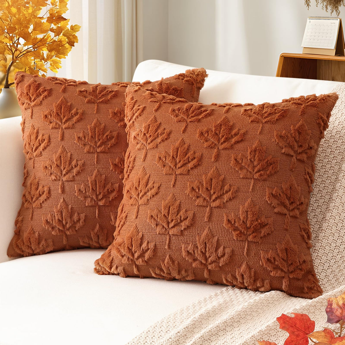 Artscope Maple Leaf Fall Pillow Covers 18 x 18 Set of 2 Decorative Autumn Harvest Holiday Throw Pillow Cases Soft Plush Faux Fur Couch Cushion Case for Farmhouse Sofa Bed Room Home Decor-Rust