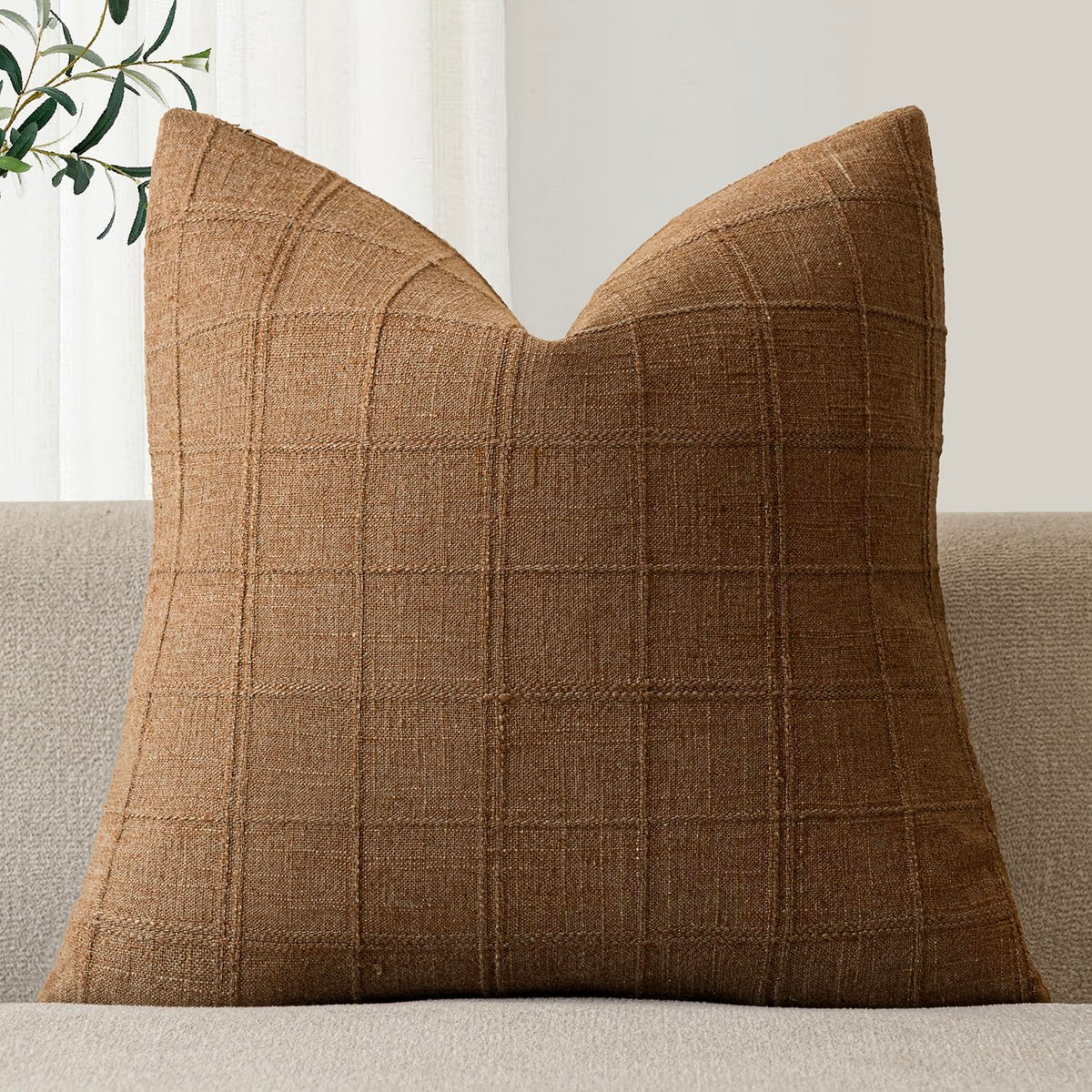 Foindtower Set of 1 Decorative Linen Check Throw Pillow Cover Neutral Farmhouse Lumbar Cushion Cover Modern Boho Home Decor for Sofa Chair Couch Bedroom Living Room,12×20 Inch,Olive Green