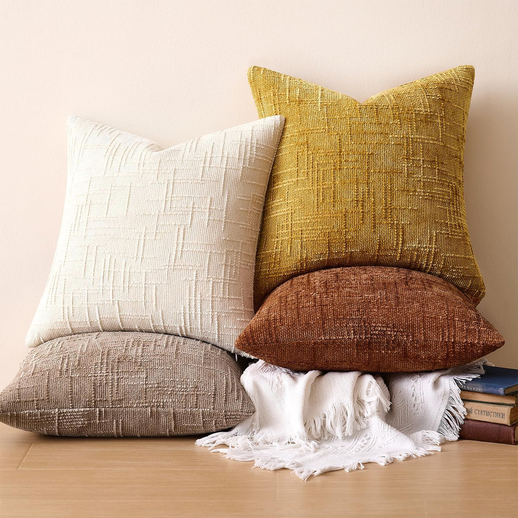Throw Pillow Covers Mustard Yellow Set of 2 18x18 Inch Pillow Covers, Soft Fall Chenille Neutral Decorative Covers for Couch Sofa Bed Living Room, Home Modern Farmhouse Boho Decor