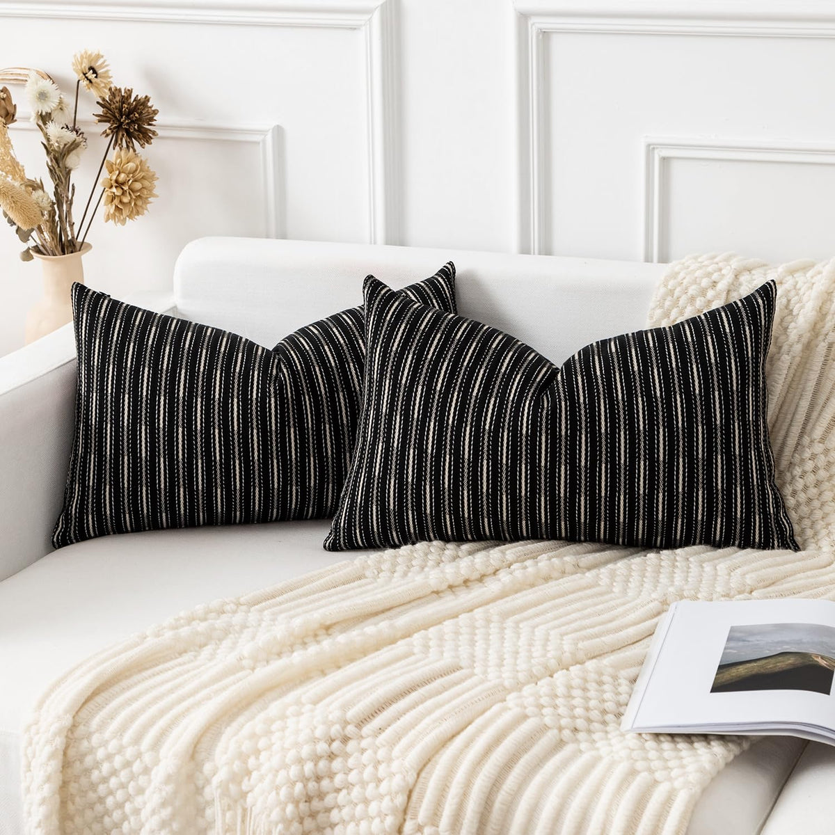 Kevin Textile Valentines Farmhouse Decorative Throw Pillow Covers Boho Woven Texture Burlap Linen Cushion Cover Striped Pillowcase, Wine Red 18 x 18 inches Pack of 2