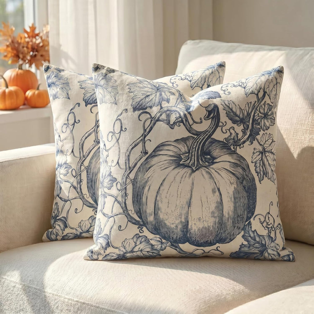 GEEORY Fall Pumpkin Throw Pillow Covers Set of 2, Navy Blue Toile 18x18