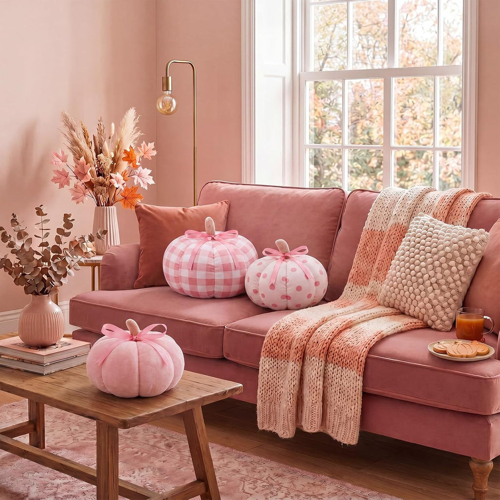 Yookeer 3 Pcs Pumpkin Throw Pillows Sherpa Fall Decor, Pink