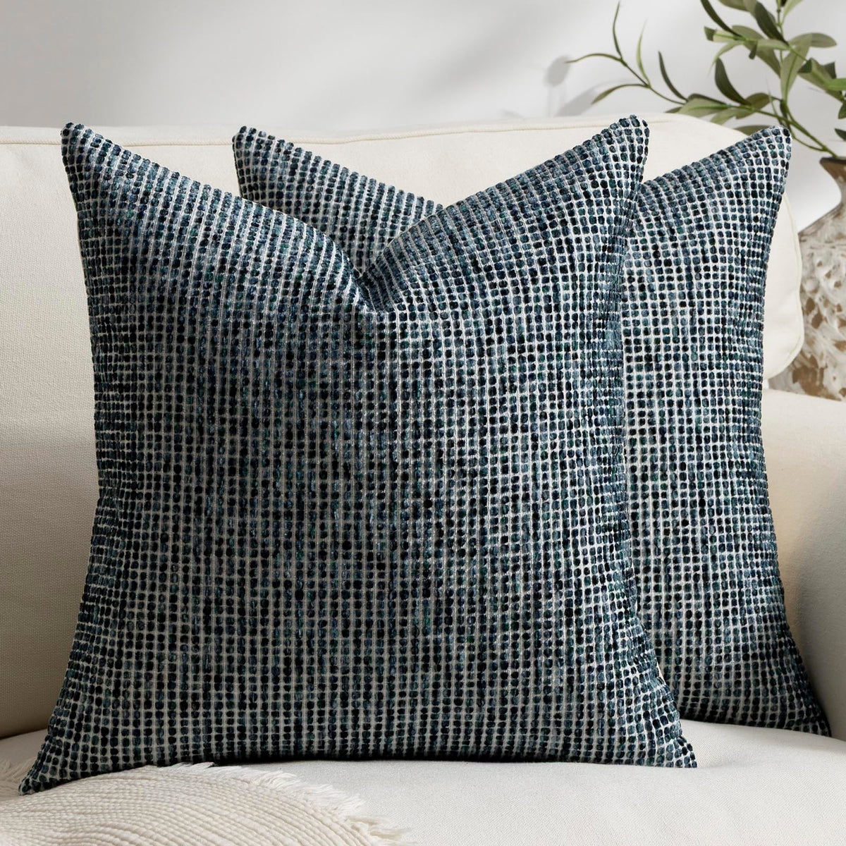 Pack of 2 Neutral Throw Pillow Covers 18x18 Boho Textured Dots Stripe Chenille Square Decorative Pillow Cases Accents for Living Room Couch Bed Farmhouse Home Decor, Taupe